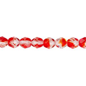 Bead, Czech fire-polished glass, two-tone, translucent to transparent crystal and red, 6mm faceted round. Sold per 15-1/2" to 16" strand.