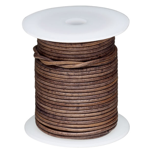 Cord, leather (dyed) 1pkg25yd, antique dark brown, 2mm round, per spool. image number 0