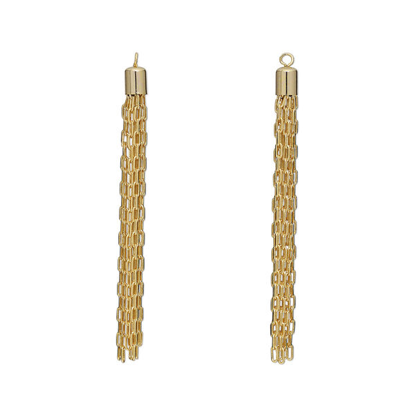 Focal, gold-finished brass, 3 x 1/4 inch tassel with cable chain. Sold per pkg of 2. image number 0