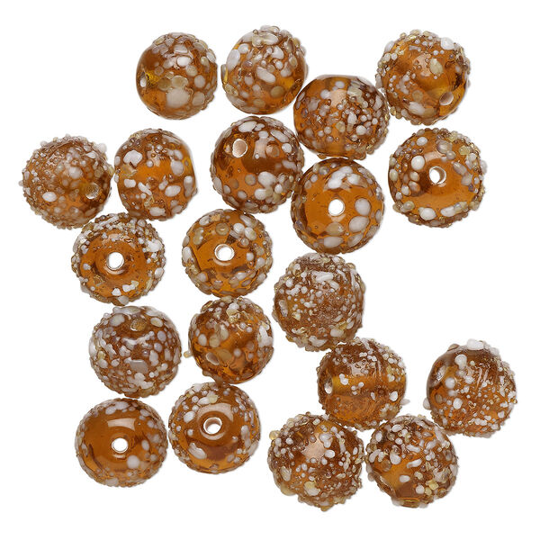 Bead, lampworked glass, translucent brown and white, 10mm bumpy round. Sold per pkg of 20. image number 0