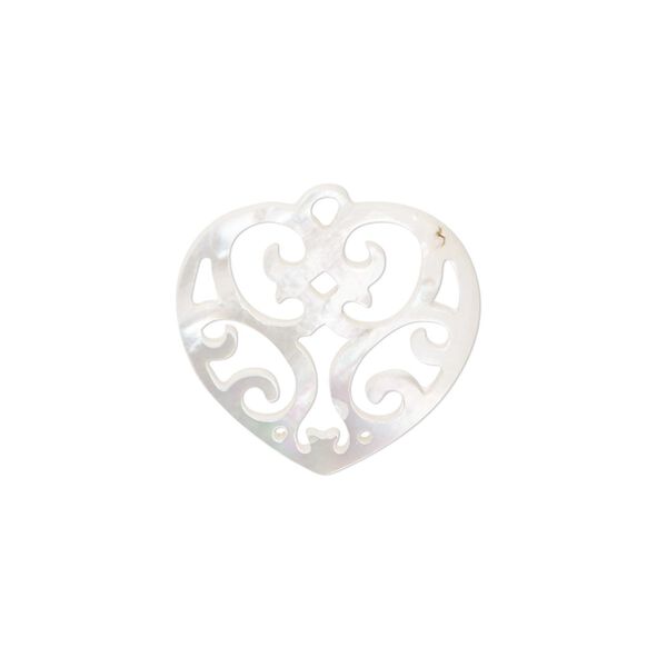 Drop, mother-of-pearl shell (bleached), 20mm heart with cutout design, Mohs hardness 3-1/2. Sold individually. image number 0