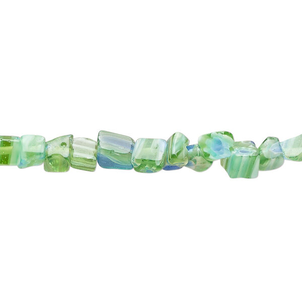 Bead, millefiori glass, translucent forest green and multicolored, small chip. Sold per 32-inch strand. image number 0
