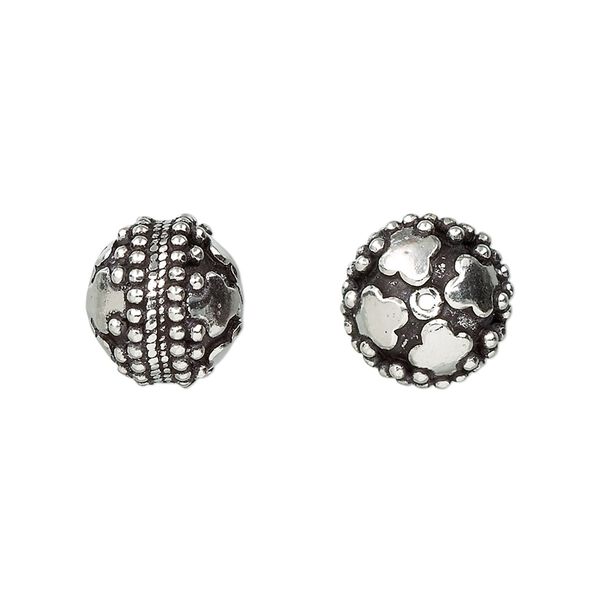 Bead, antiqued sterling silver, 12x11mm round dotted with clover. Sold individually. image number 0