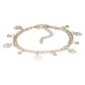 Bracelet, 2-strand, Egyptian glass rhinestone and gold-finished steel, clear, 15mm wide with 10x9mm rose, 7 inches with 2-inch extender chain and lobster claw clasp. Sold individually.