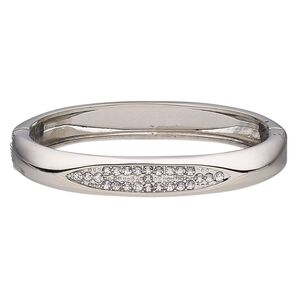 Bracelet, hinged bangle, glass rhinestone with imitation rhodium-finished steel and "pewter" (zinc-based alloy), clear, 10mm wide, 7 inches. Sold individually.