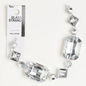 Bead assortment 1pkg11, glass, clear and silver, 8-9mm faceted round / 16-17mm faceted puffed diamond / 33x24mm faceted puffed rectangle.