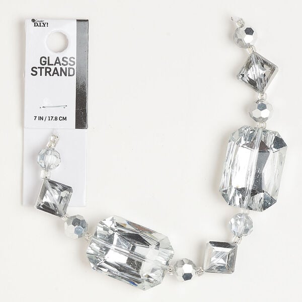 Bead assortment 1pkg11, glass, clear and silver, 8-9mm faceted round / 16-17mm faceted puffed diamond / 33x24mm faceted puffed rectangle. image number 0