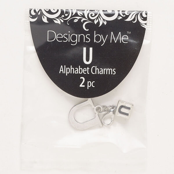 "Pewter" (zinc-based alloy) / brass / enamel 1pkg2, "U" charm / lobster claw clasp / cube bead antique silver-finished / black 15x13mm / 7mm image number 0