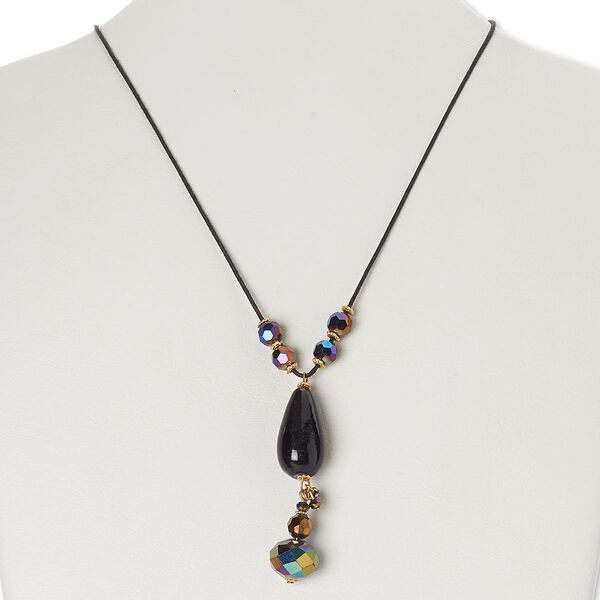 Necklace, glass / waxed cotton cord / gold-finished brass / steel, black and purple iris, 2-1/2 inch dangle, 16 inches with lobster claw clasp. Sold individually. image number 0