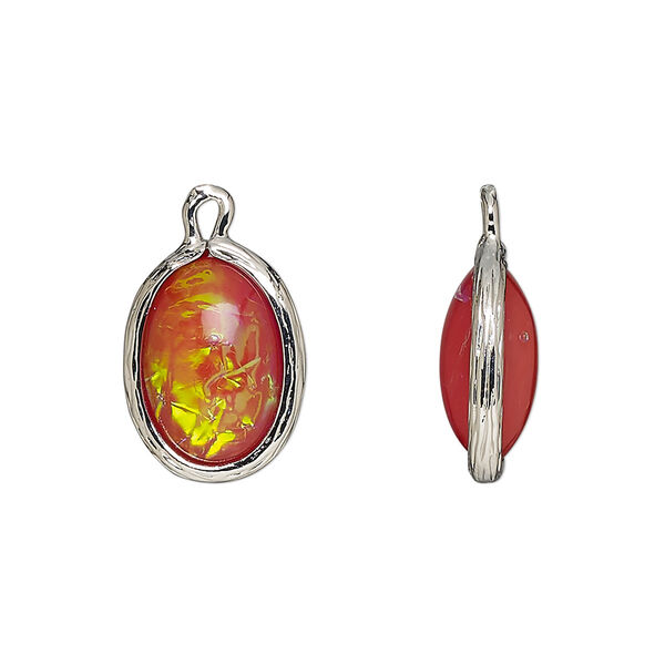 Drop, Opalized Ice™, "opal" (resin) and imitation rhodium-finished brass, opaque orange, 16x12mm double-sided oval .Sold per pkg of 4. image number 0