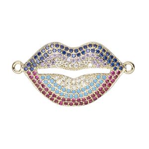 Link, cubic zirconia and gold-finished brass, multicolored, 26x16mm single-sided lips. Sold individually.