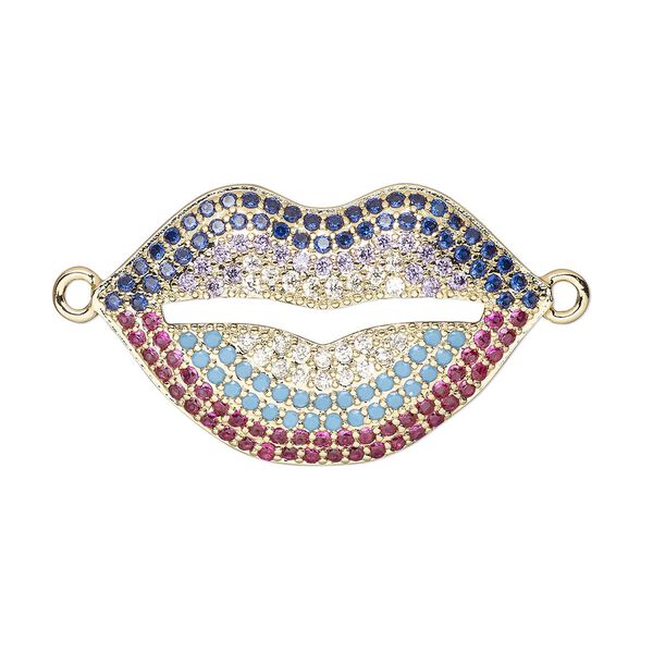 Link, cubic zirconia and gold-finished brass, multicolored, 26x16mm single-sided lips. Sold individually. image number 0