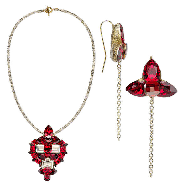 Necklace and earring set, One of a Kind Jewelry, gold-finished brass and crystal, multi-reds, 18 inches. Only one available. image number 0