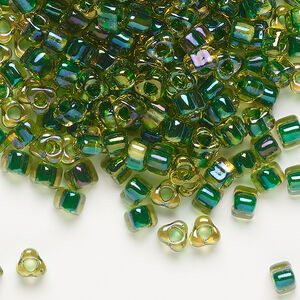 Seed bead, Miyuki 1pkg10g, glass, #5 triangle, transparent green inside dyed color yellow (TR-1165)