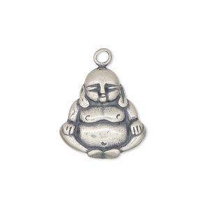 Drop, sterling silver, 19x18mm single-sided Buddha. Sold individually.