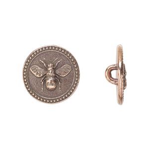 Button, TierraCast®, antique copper-plated pewter (tin-based alloy), 15mm beaded flat round with bee and closed loop. Sold per pkg of 20.