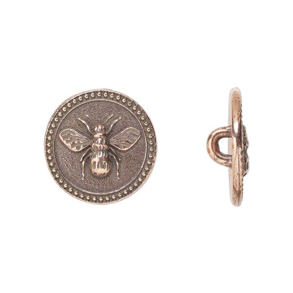 Button, TierraCast®, antique copper-plated pewter (tin-based alloy), 15mm beaded flat round with bee and closed loop. Sold per pkg of 20. image number 0