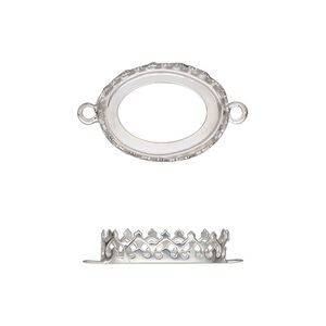 Link, sterling silver, 18x13mm oval with decorative trim and open back with 16x12mm oval cabochon bezel setting. Sold individually.