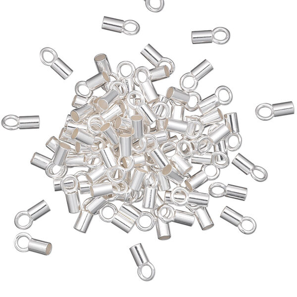 Crimp end, silver-plated brass, 3.5x2mm tube with loop, 1.5mm inside diameter. Sold per pkg of 500. image number 0
