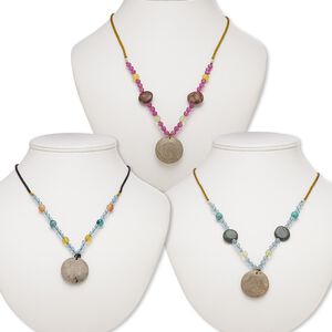 Multi-gemstone / acrylic / glass 1pkg3, round pendant necklace 20 inch continuous loop mix 29-30mm