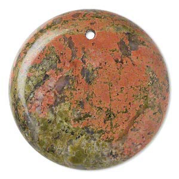 Focal, unakite (natural), 40mm hand-cut top-drilled round with flat back, B grade, Mohs hardness 6 to 7. Sold individually. image number 0