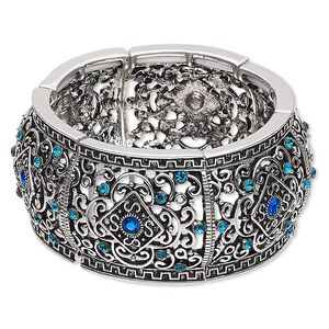 Bracelet, stretch, glass rhinestone and antique silver-finished "pewter" (zinc-based alloy), blue and blue AB, 32.5mm wide with diamond and swirl design, 6-1/2 inches. Sold individually.