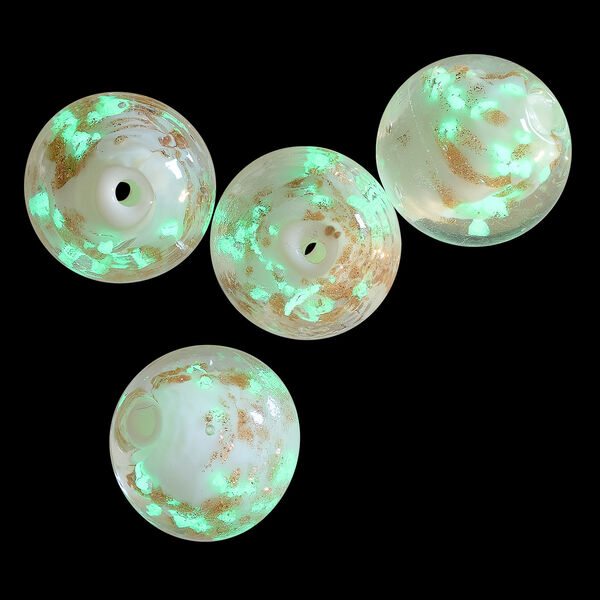 Bead, lampworked glass, clear /opaque white/ glow-in-the-dark / gold, 14mm round. Sold per pkg of 4. image number 1