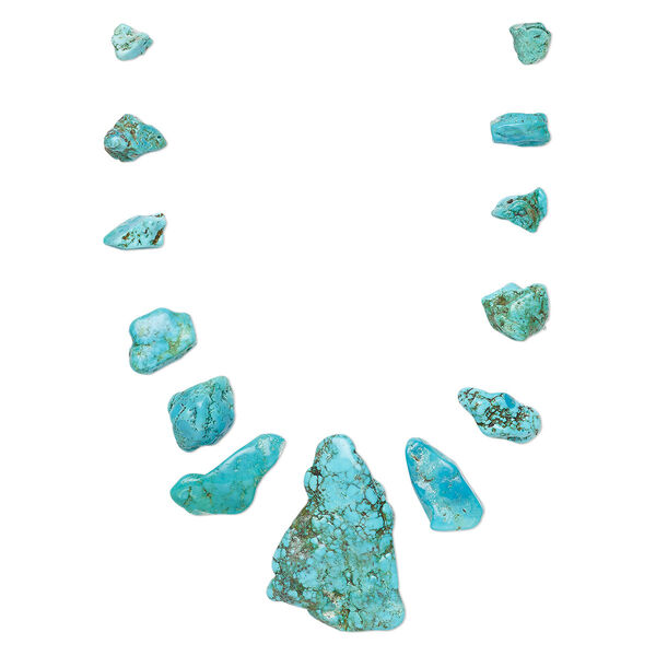 Bead, turquoise (dyed / stabilized), blue / blue-green / green, 8x3mm-48x10mm graduated top-drilled freeform, C grade, Mohs hardness 5 to 6. Sold per pkg of 13. image number 0