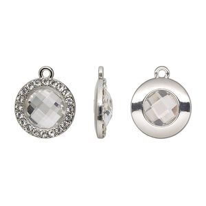 Drop, glass / glass rhinestone / imitation rhodium-finished "pewter" (zinc-based alloy), transparent clear, 17mm single-sided round. Sold per pkg of 2.