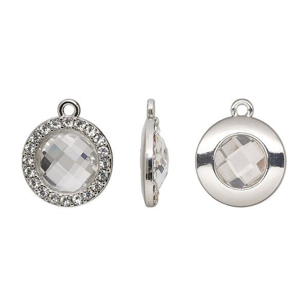 Drop, glass / glass rhinestone / imitation rhodium-finished "pewter" (zinc-based alloy), transparent clear, 17mm single-sided round. Sold per pkg of 2. image number 0