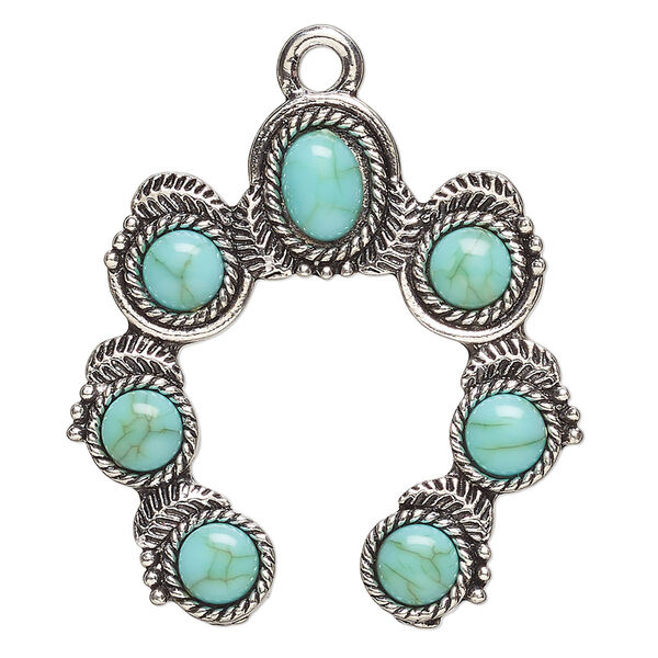 Focal, antique silver-finished "pewter" (zinc-based alloy) and "turquoise" (resin) (imitation), turquoise blue, 38x36.5mm single-sided naja. Sold individually. image number 0
