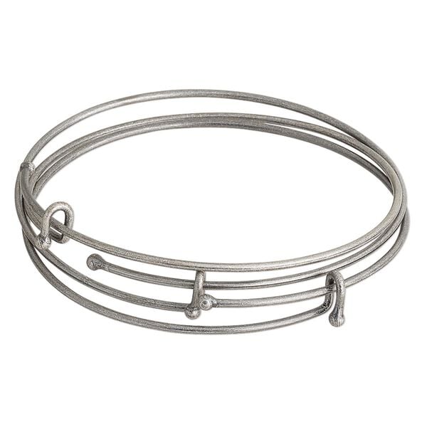 Bracelet, bangle, antique silver finished "pewter" (zinc-based alloy), 2mm wide with 3mm balls, 8 inches. Sold per pkg of 3. image number 0