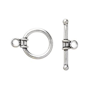 Clasp toggle 1pkg2 sterling silver, 15mm round, antiqued 1-strand