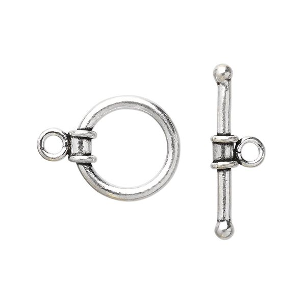Clasp toggle 1pkg2 sterling silver, 15mm round, antiqued 1-strand image number 0