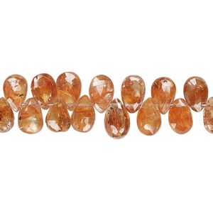 Zircon 1pkg1, hand-cut top-drilled faceted puffed teardrop bead orange 8 inch graduated 6x4mm-7x5mm
