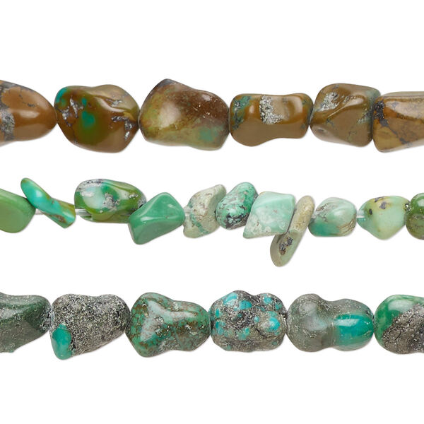 Bead mix, turquoise (dyed / stabilized), mixed colors, mini to small nugget with 0.8-1.1mm hole, Mohs hardness 5 to 6. Sold per pkg of (3) 15-inch strands. image number 0