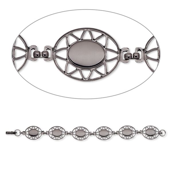 Bracelet component, gunmetal-plated brass, 20x17mm fancy oval with (6) 10x8mm oval settings, 7 inches with fold-over clasp. Sold per pkg of 10. image number 0