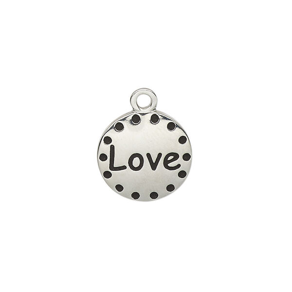 Drop, enamel and imitation rhodium-plated "pewter" (zinc-based alloy), black, 14.5mm single-sided round with "Love." Sold individually. image number 0