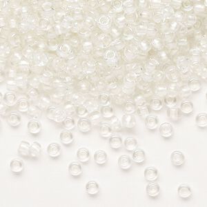 Seed bead, Miyuki, glass, pkg/250g, #8 rocaille, translucent white pearl-lined rainbow pale beige, (RR-3801).