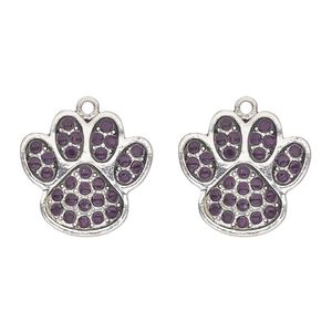Charm, antique silver-finished "pewter" (zinc-based alloy) and glass, dark purple, 24x23mm single-sided paw print. Sold per pkg of 2.