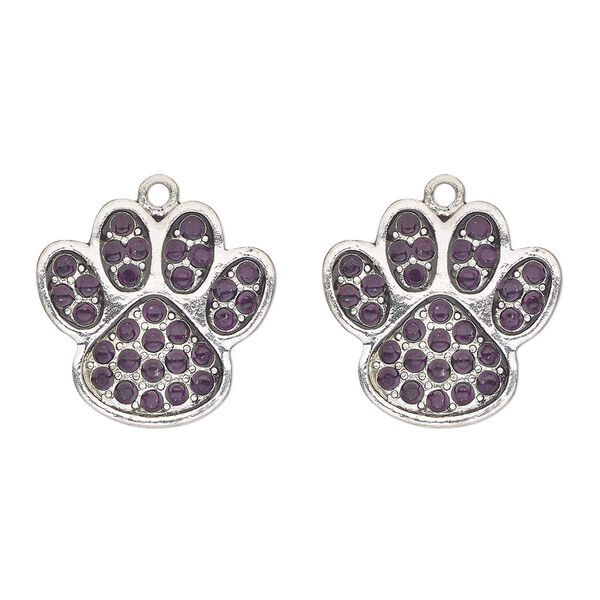 Charm, antique silver-finished "pewter" (zinc-based alloy) and glass, dark purple, 24x23mm single-sided paw print. Sold per pkg of 2. image number 0