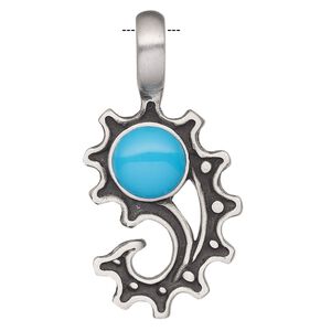 Pendant, Powerful Pewter Pendants, "turquoise" (resin) (imitation) and antiqued pewter (tin-based alloy), blue, 42x21mm single-sided paisly-shaped gear with 6mm hole. Sold individually.