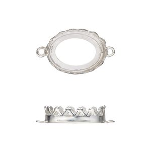Link, sterling silver, 17.5x13mm oval with decorative trim and open back with 16x12mm oval cabochon bezel setting. Sold individually.
