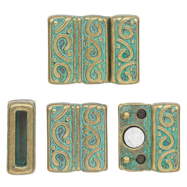 Clasp, magnetic, antique brass-plated "pewter" (zinc-based alloy), green patina, 21.5x16.5mm double-sided rectangle with swirl design and glue-in ends, 12x2mm inside diameter. Sold individually. image number 0