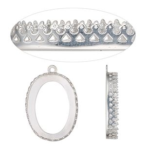 Drop, sterling silver, 26x19.5mm oval with decorative trim and open back with 25x18mm oval cabochon bezel setting. Sold individually.