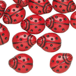 Bead 1pkg30, Czech pressed glass, opaque red and black, 13x11mm ladybug.