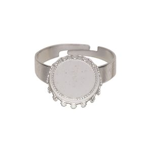 Ring, stainless steel, 13mm round with 4mm band and 12mm round cabochon bezel setting, adjustable from size 8 to 9. Sold per pkg of 4.