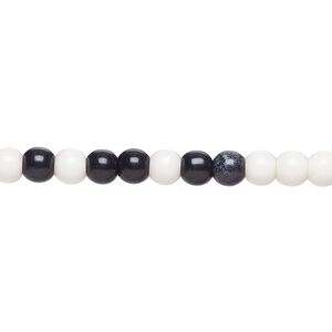Bead, porcelain, opaque shiny black and white, 4mm round. Sold per 15-12" to 16" strand, approximately 90 to 100 beads.