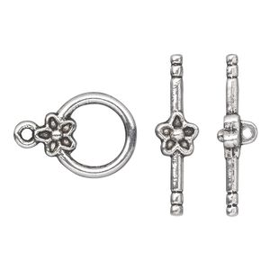 Clasp toggle 1pkg10 silver-plated "pewter" (zinc alloy), 14mm round, antique 1-strand