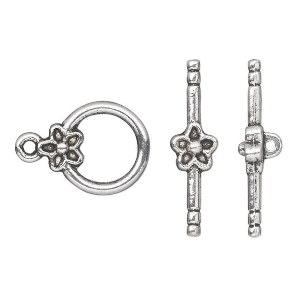 Clasp toggle 1pkg10 silver-plated "pewter" (zinc alloy), 14mm round, antique 1-strand image number 0